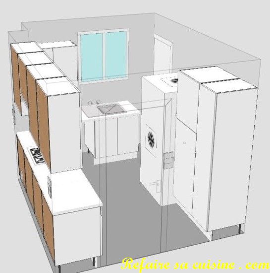 plan 3D de la future cuisine, vue mur droit depuis l'entre